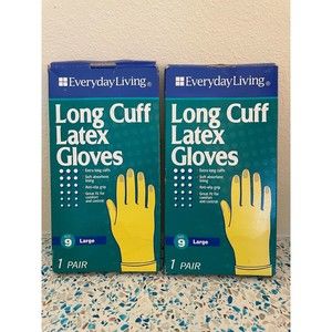 2 Pairs Long Cuff Yellow Latex Gloves Size Large Everyday Living Dishwashing NOS